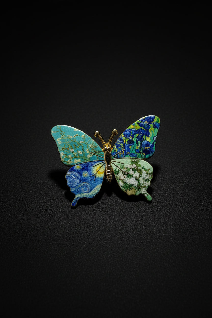 All five Van Gogh butterfly pins displayed together