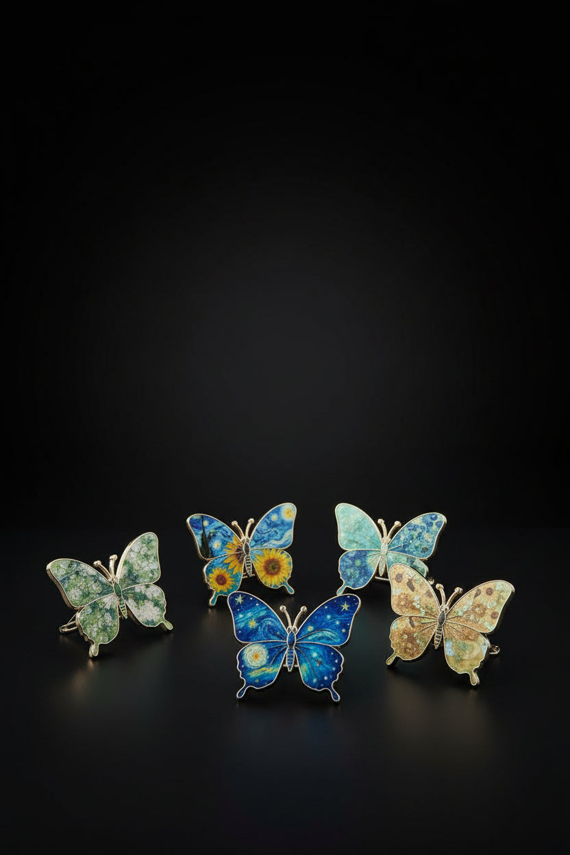 Mustard gold butterfly pin with sunflower print
