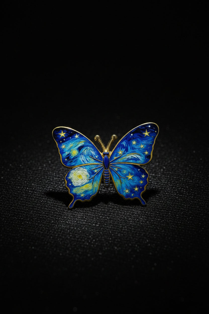 Blue butterfly pin with yellow sunflower Van Gogh print
